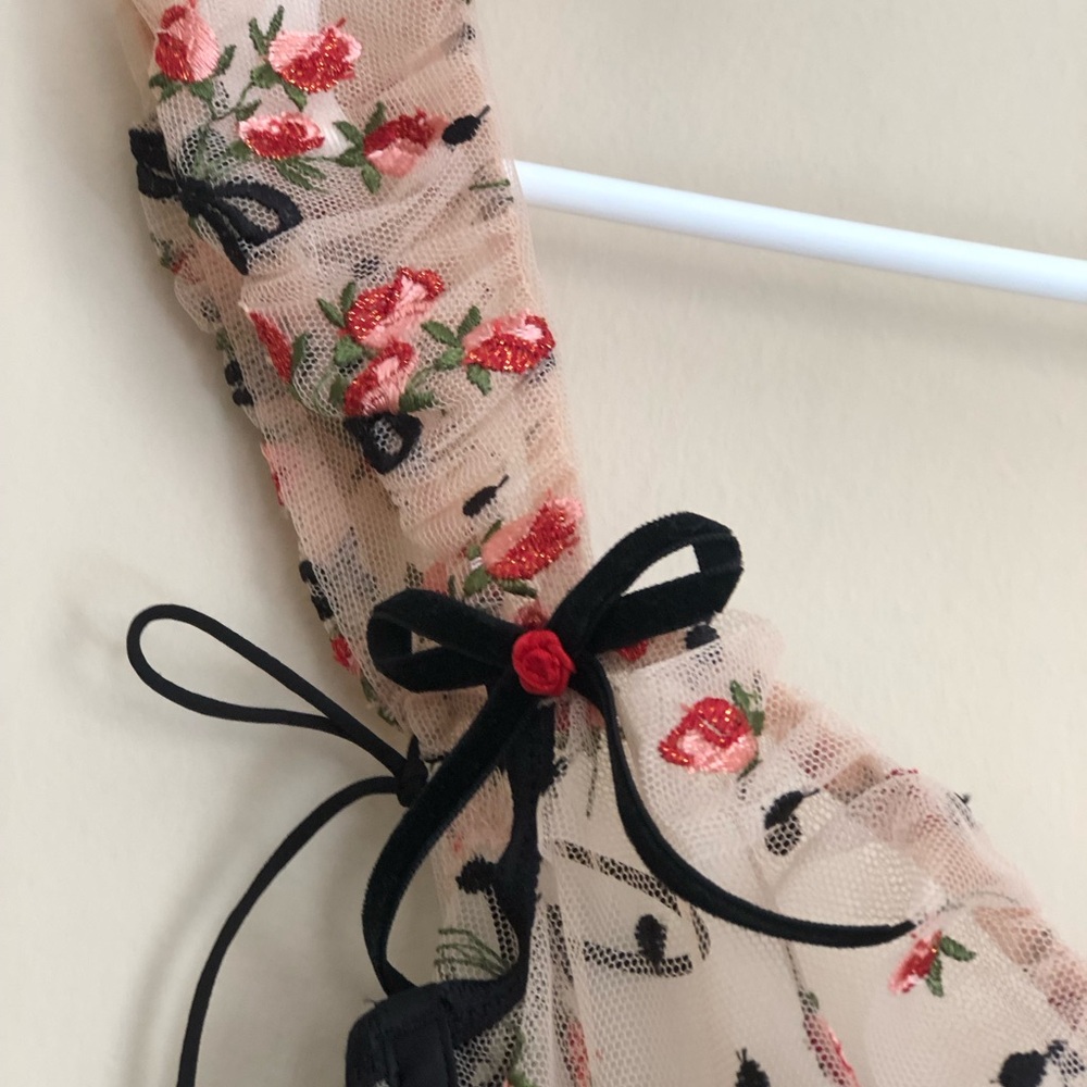 Elegant Sheer Floral Lingerie with Black Bow